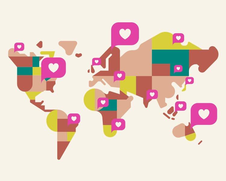 Ilustración de un mapamundi con corazones en diferentes puntos del planeta