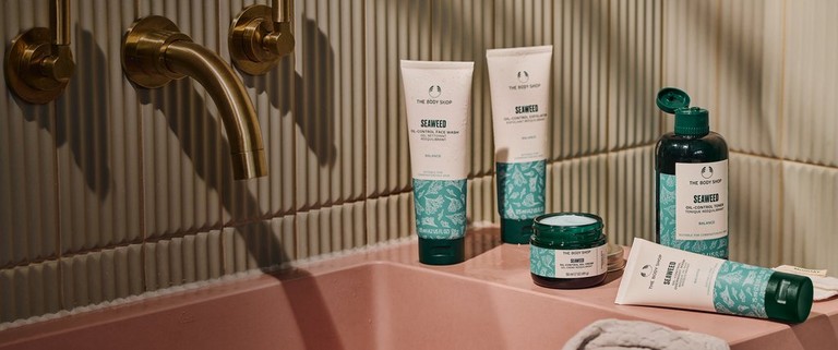 Range of Seaweed skincare products in bathroom setting