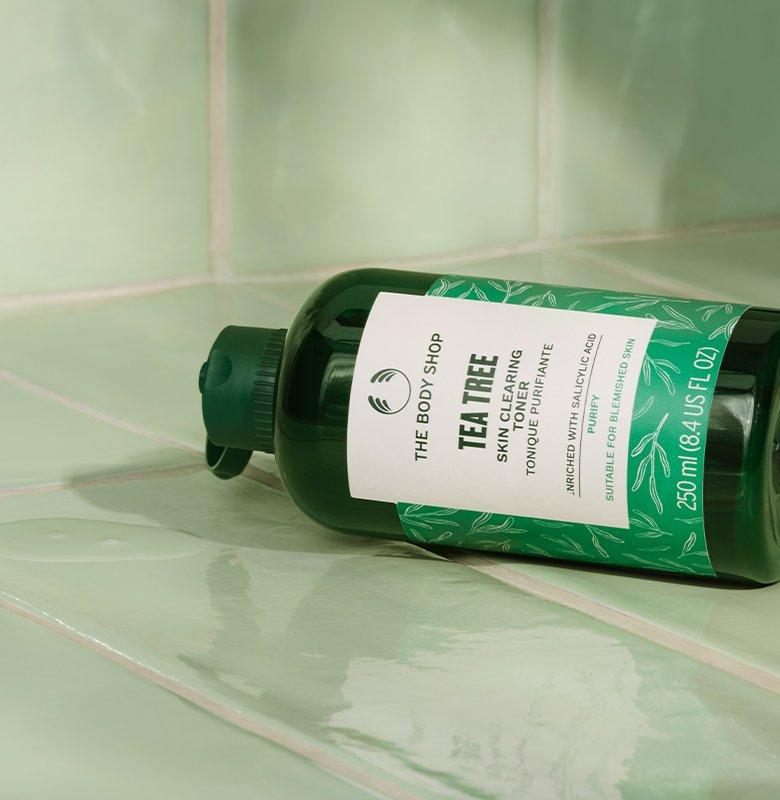 Bottle of Tea Tree Toner in bathroom