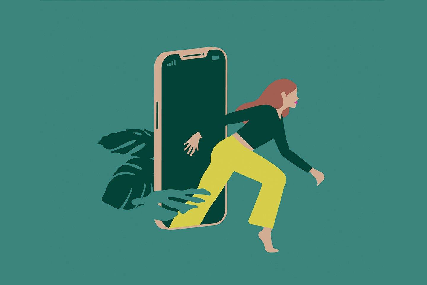 Illustration of woman stepping out of a smart phone