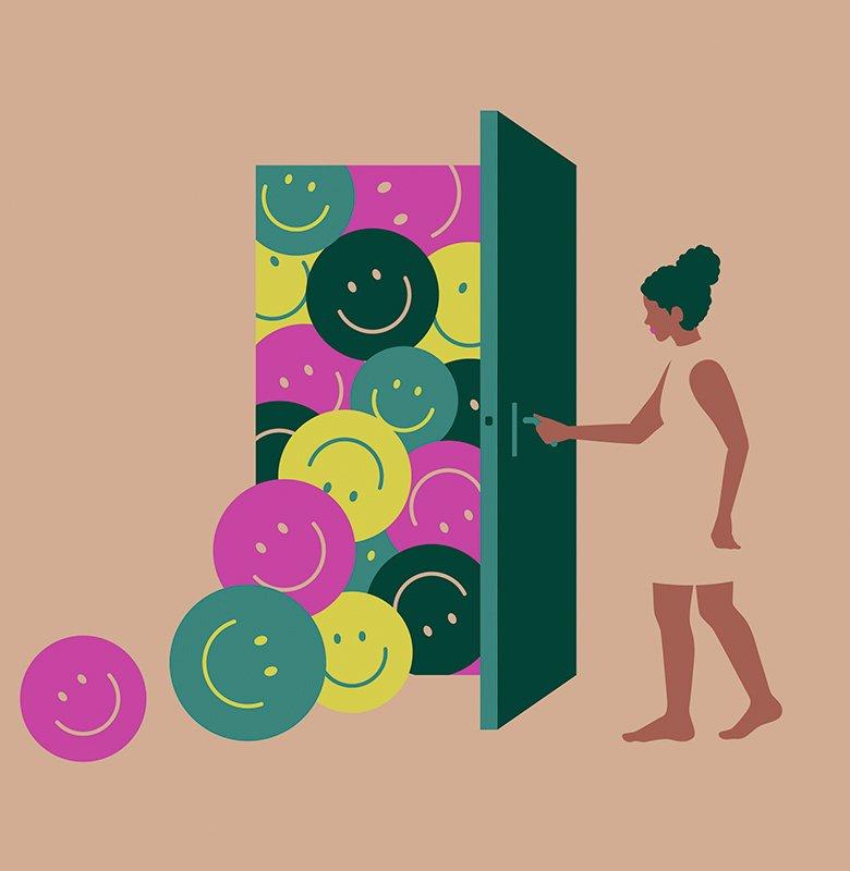 Ilustración de una mujer abriendo una puerta de la que salen emojis sonrientes