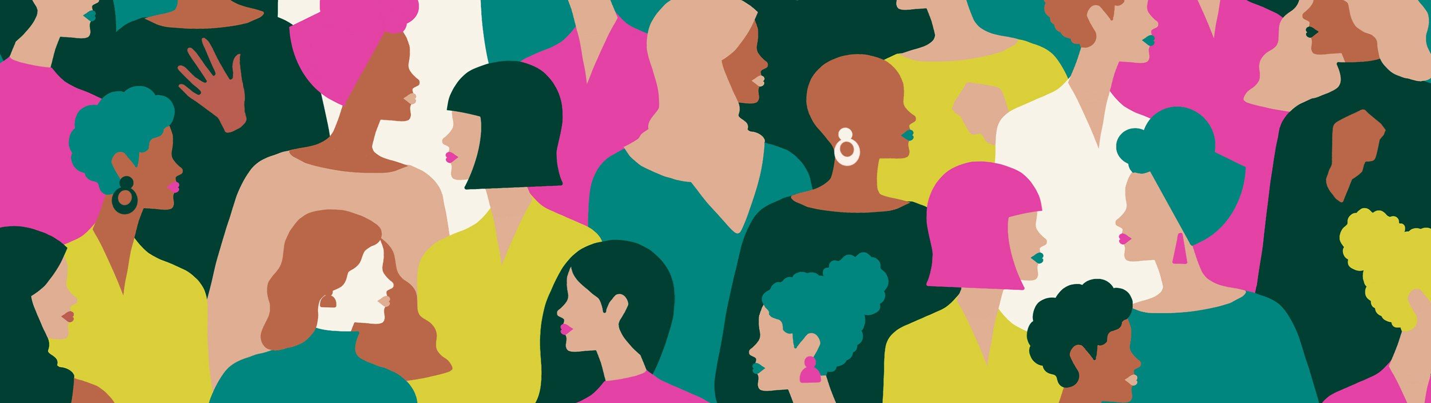 Pink green and white illustration of a diverse range of women