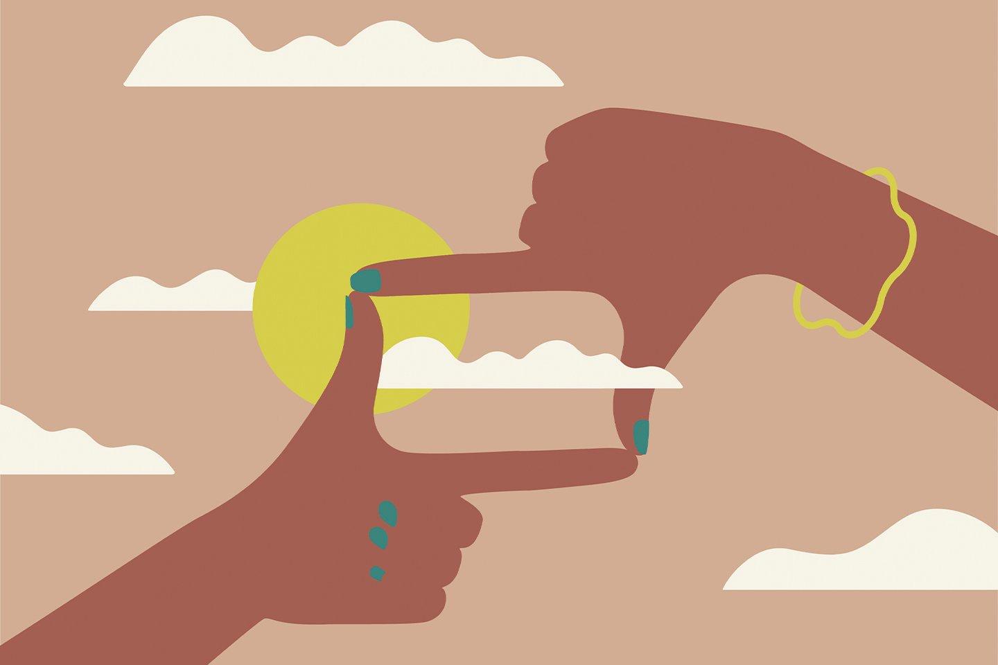 Illustration von Händen, die ein Rechteck formen mit der Sonne und Wolken im Hintergrund