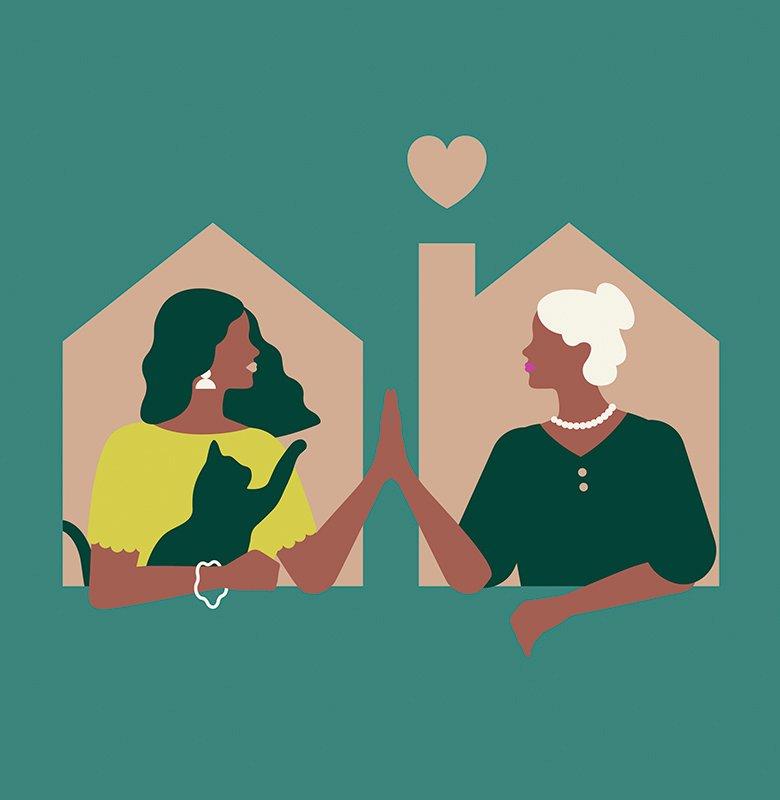 Ilustración de dos mujeres con las manos juntas