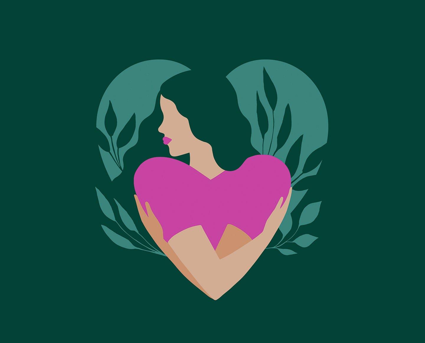 Illustration of woman hugging herself in the shape of a heart