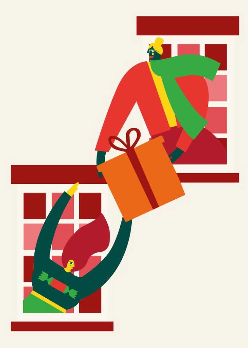 Christmas illustration of people exchanging gifts through their windows Christmas illustration of people exchanging gifts through their windows