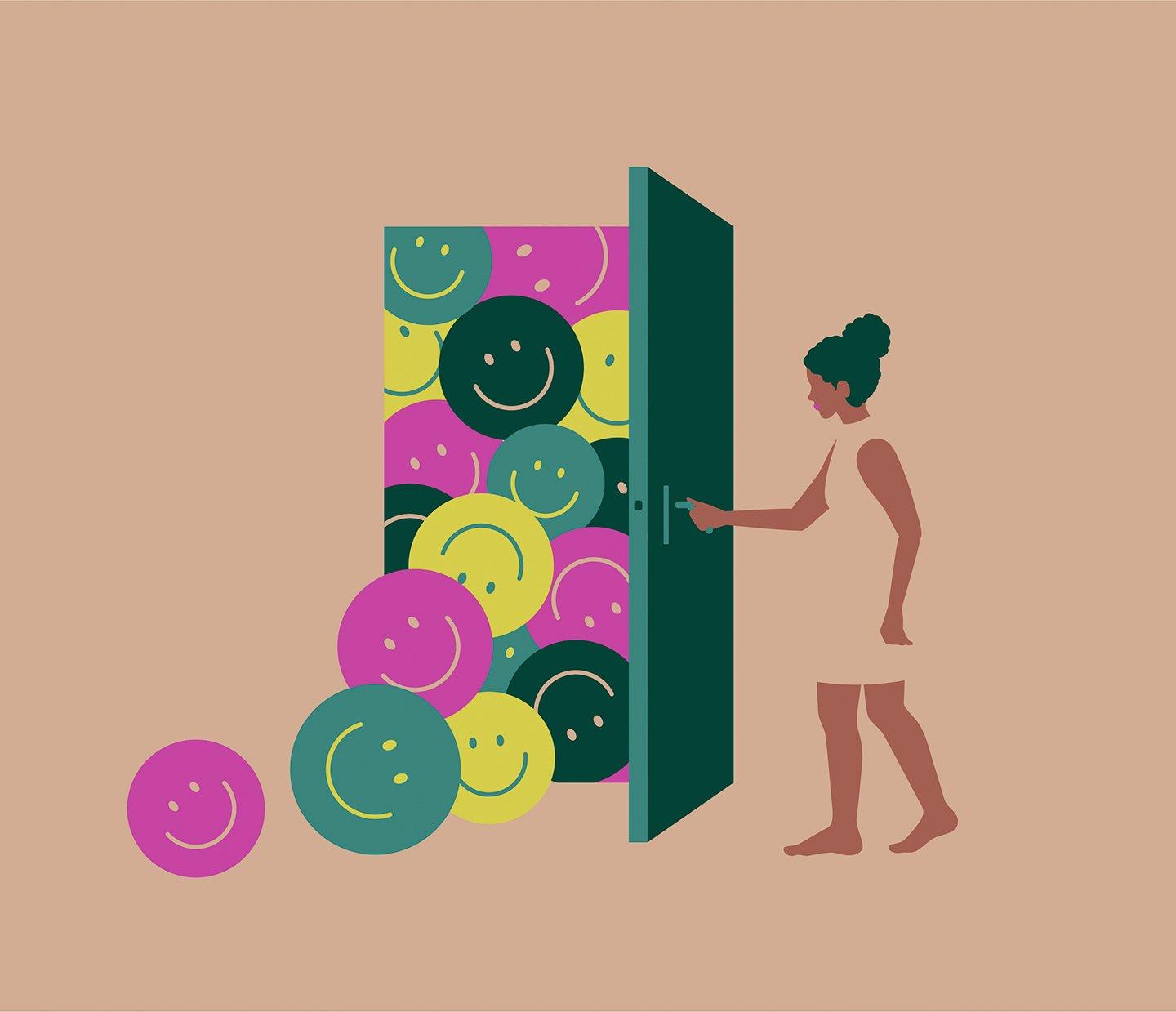 Illustration of a woman opening a door with smiley face emojis behind