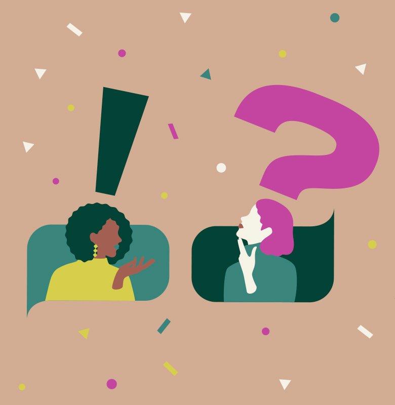 Ilustración dos mujeres con signos de exclamación e interrogación sobre la cabeza