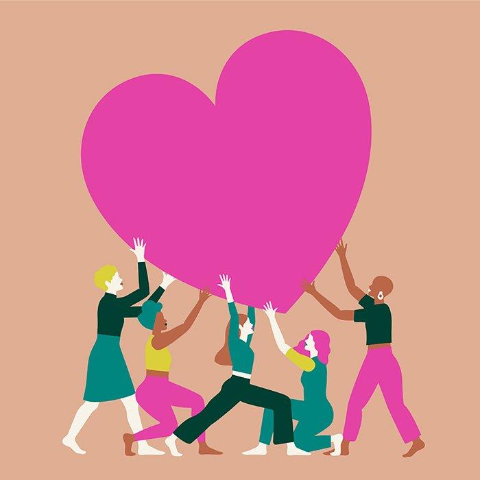 Ilustración de mujeres sujetando un corazón