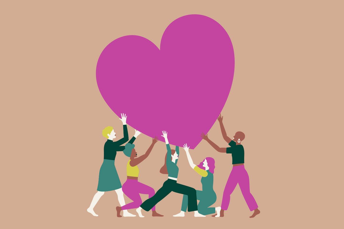 Illustration of people holding a pink heart