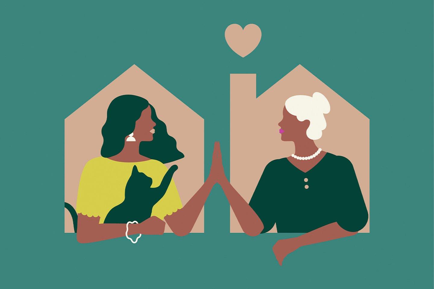 Illustration of two women in a house high fiving