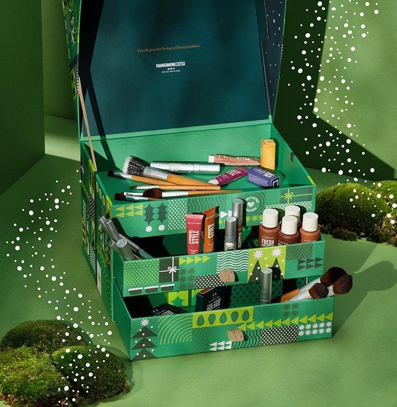 Green Advent Calendar full of makeup