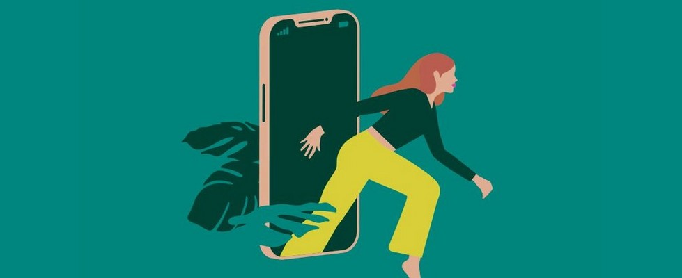 Illustration of woman stepping out of a mobile phone Illustration of woman stepping out of a mobile phone