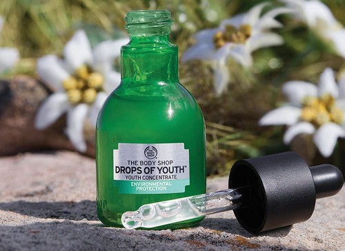 Drops of Youth Concentrate bottle on rocky surface with edelweiss plants in the background