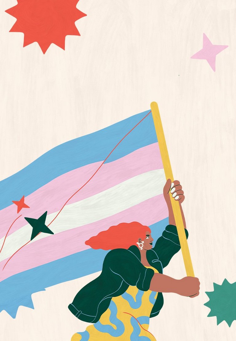 Illustration of person holding a rainbow flag