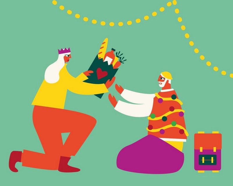 Christmas illustration of person giving a gift Christmas illustration of person giving a gift