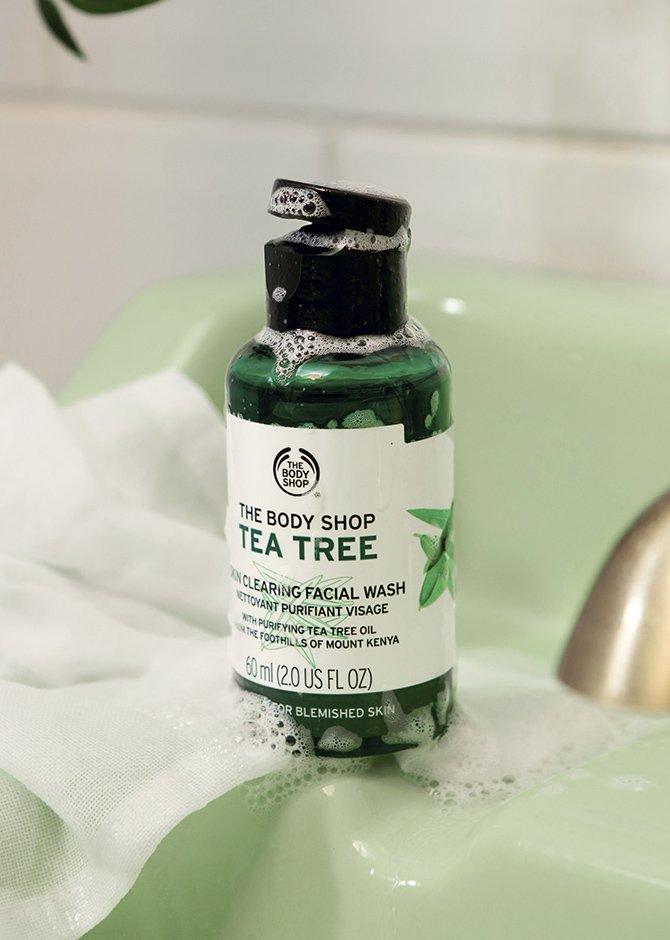 Tea Tree face wash in bathroom setting