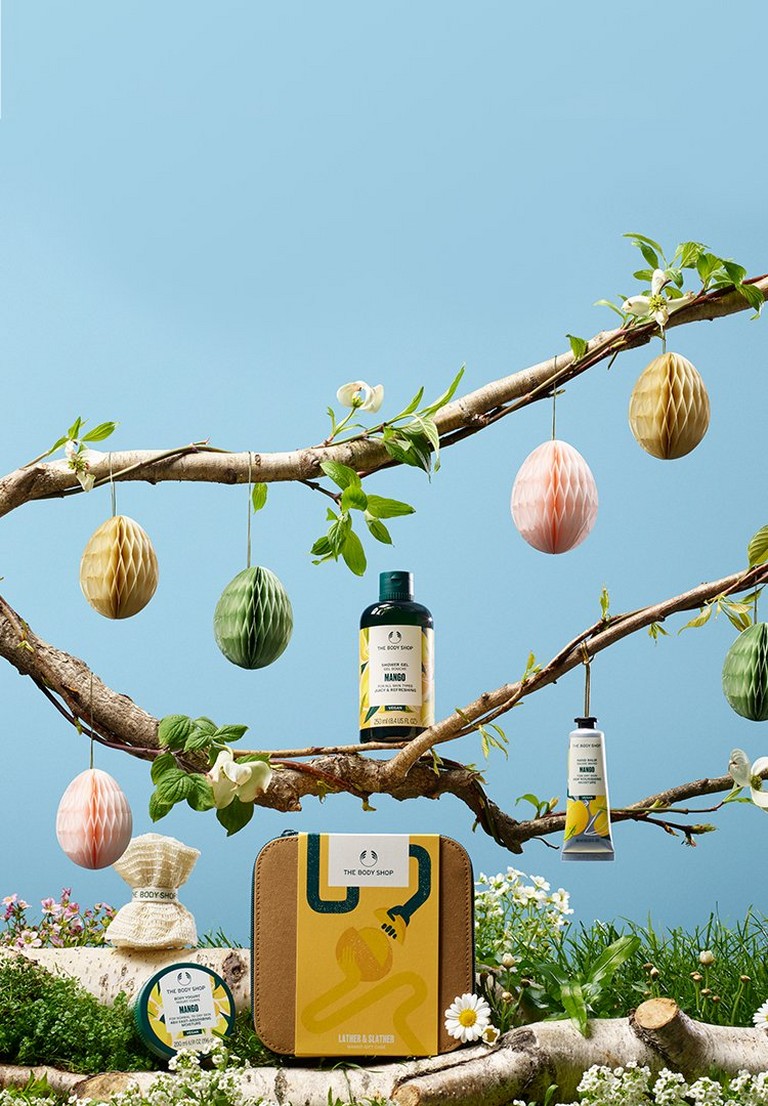 product and eggs hanging on a tree