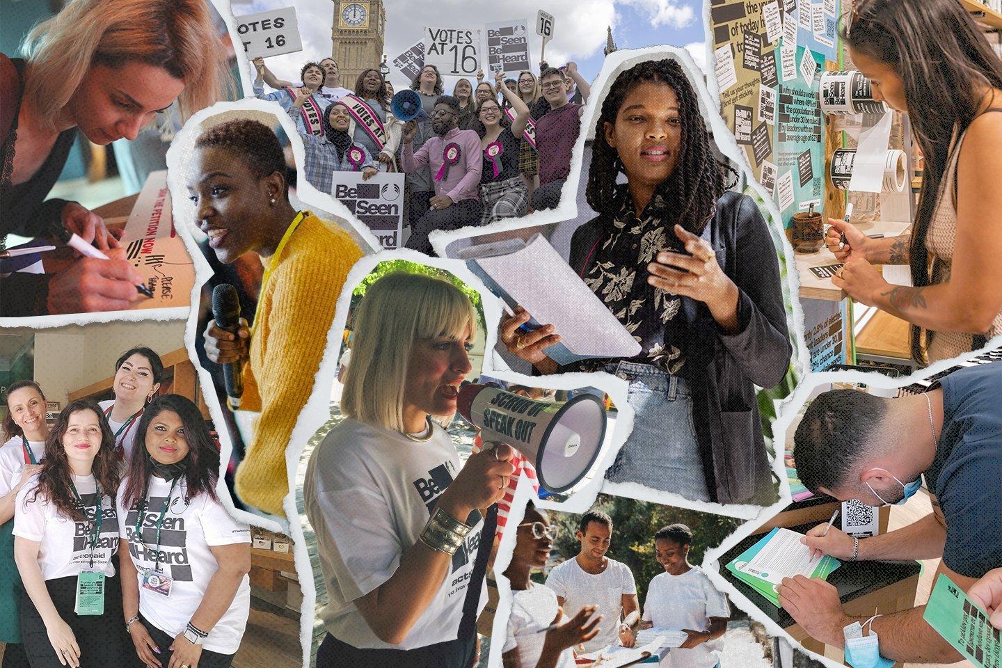 Photo collage of people petitioning