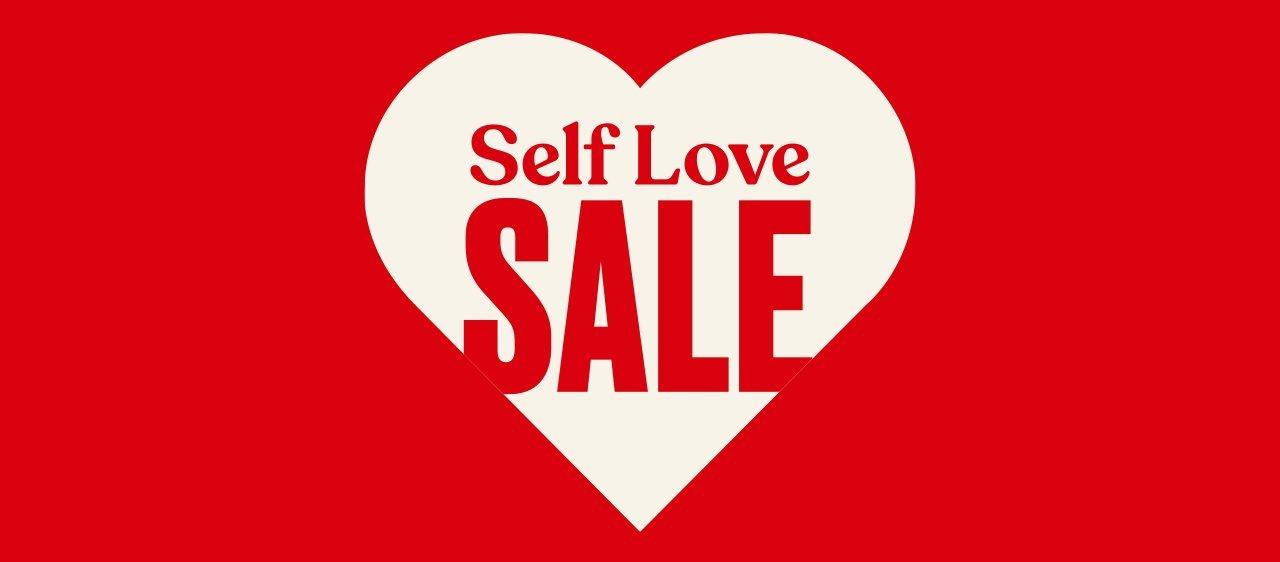 a heart shaped self love sale sign on a red background