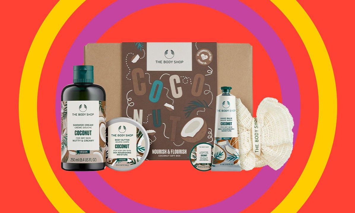 the body shop's coconut collection is shown on a colorful background