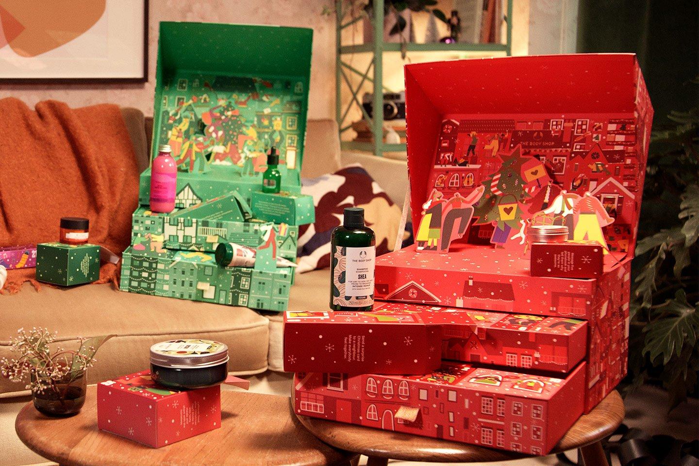 The Body Shop Advent Calendars displayed on a sofa and table
