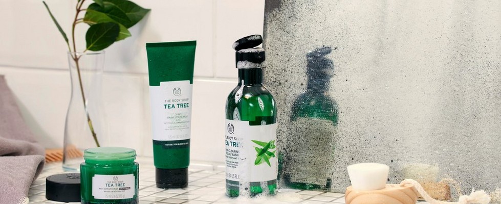 展示架子上的 The Body Shop 茶树油系列产品 展示架子上的 The Body Shop 茶树油系列产品
