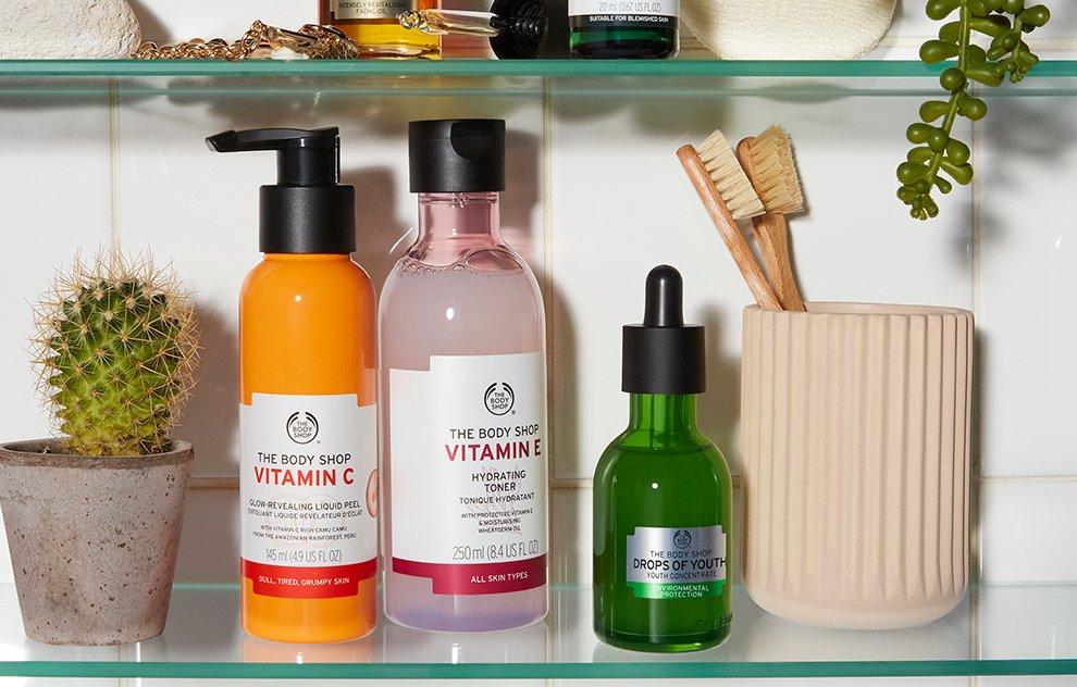 Skincare on bathroom shelf
