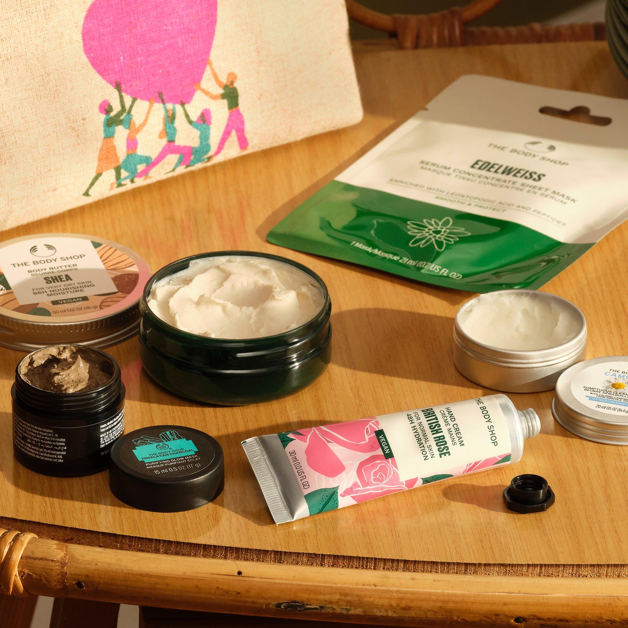 The Body Shop travel-sized products on a table