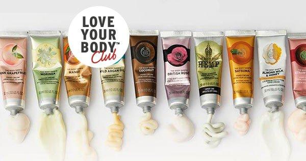Handcremes von The Body Shop mit Love Your Body Club-Logo