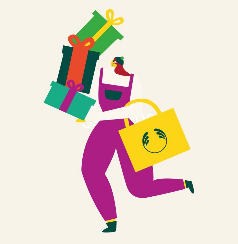 Illustration of person holding a tote bag and gifts Illustration of person holding a tote bag and gifts