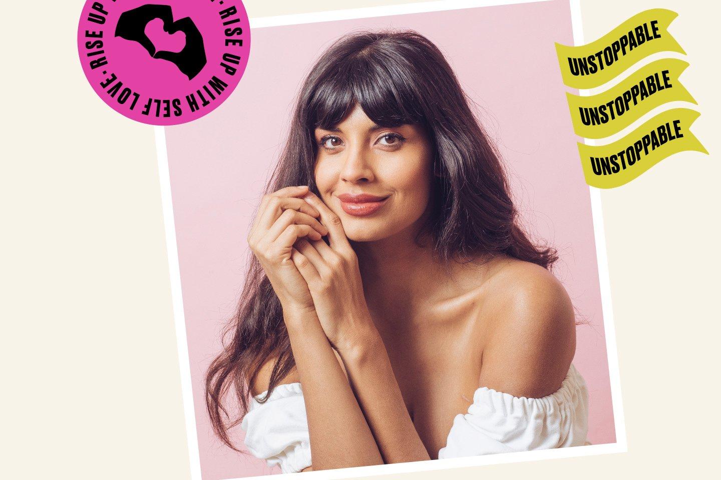 Photo of Jameela Jamil with self-love illustrations surrounding it