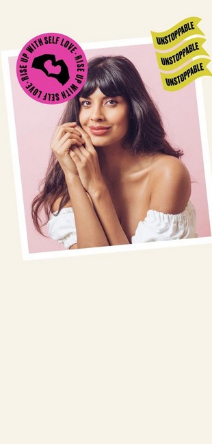Photo of Jameela Jamil with self-love illustrations surrounding it Photo of Jameela Jamil with self-love illustrations surrounding it
