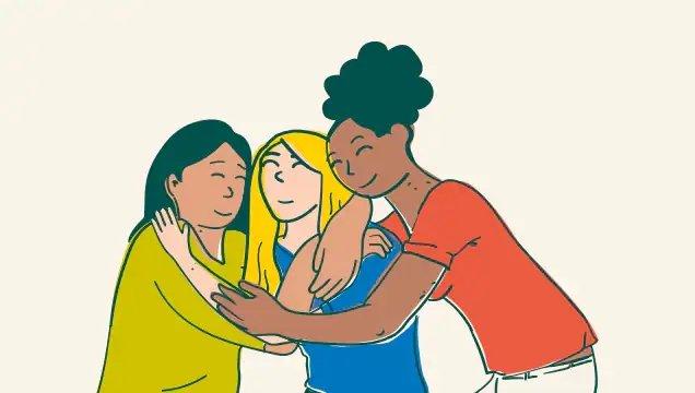 Illustration of three women hugging