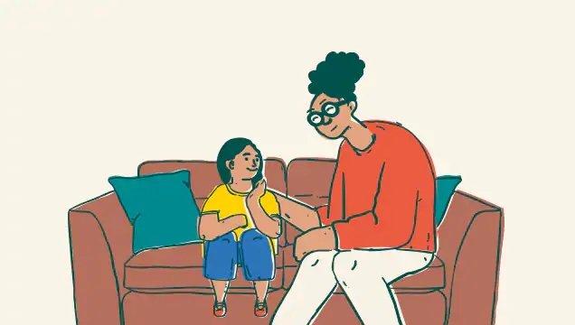 Illustration of child and mother on a sofa